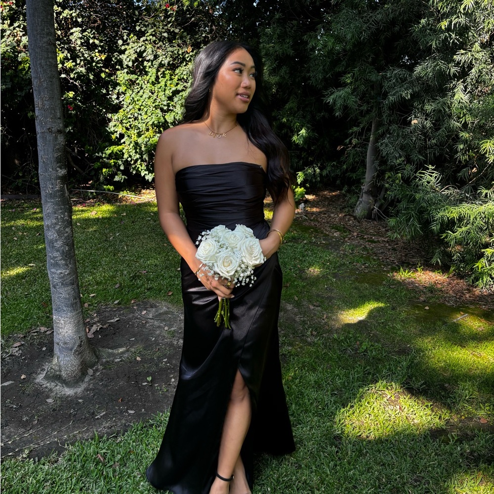 black david’s bridal strapless dress with slit